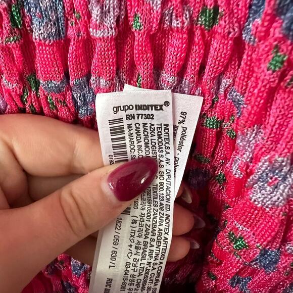 ZARA Knit Pink Floral Ruched Body Con Mini Dress Size Large - Picture 6 of 7